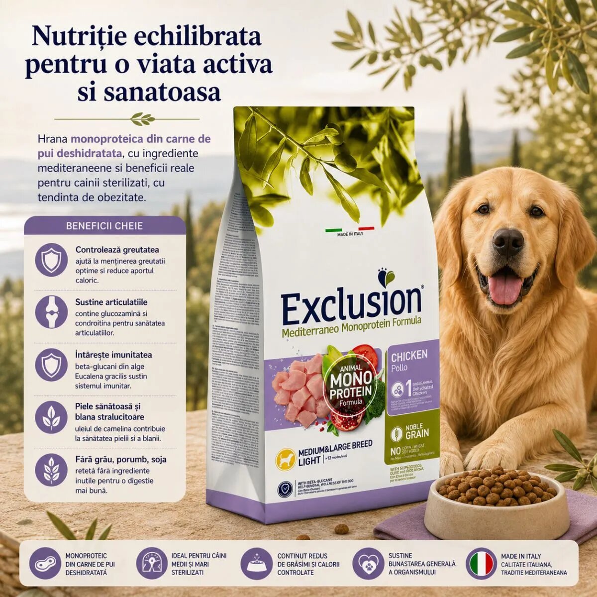 EXCLUSION Mediterraneo Monoprotein Formula Light Medium&Large M-XL Pui hrană uscată monoproteică câini sterilizați obezitate 12kg