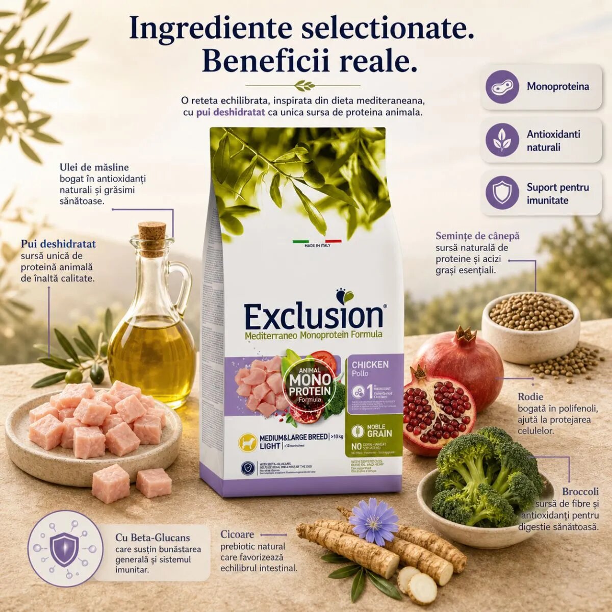 EXCLUSION Mediterraneo Monoprotein Formula Light Medium&Large M-XL Pui hrană uscată monoproteică câini sterilizați obezitate 12kg