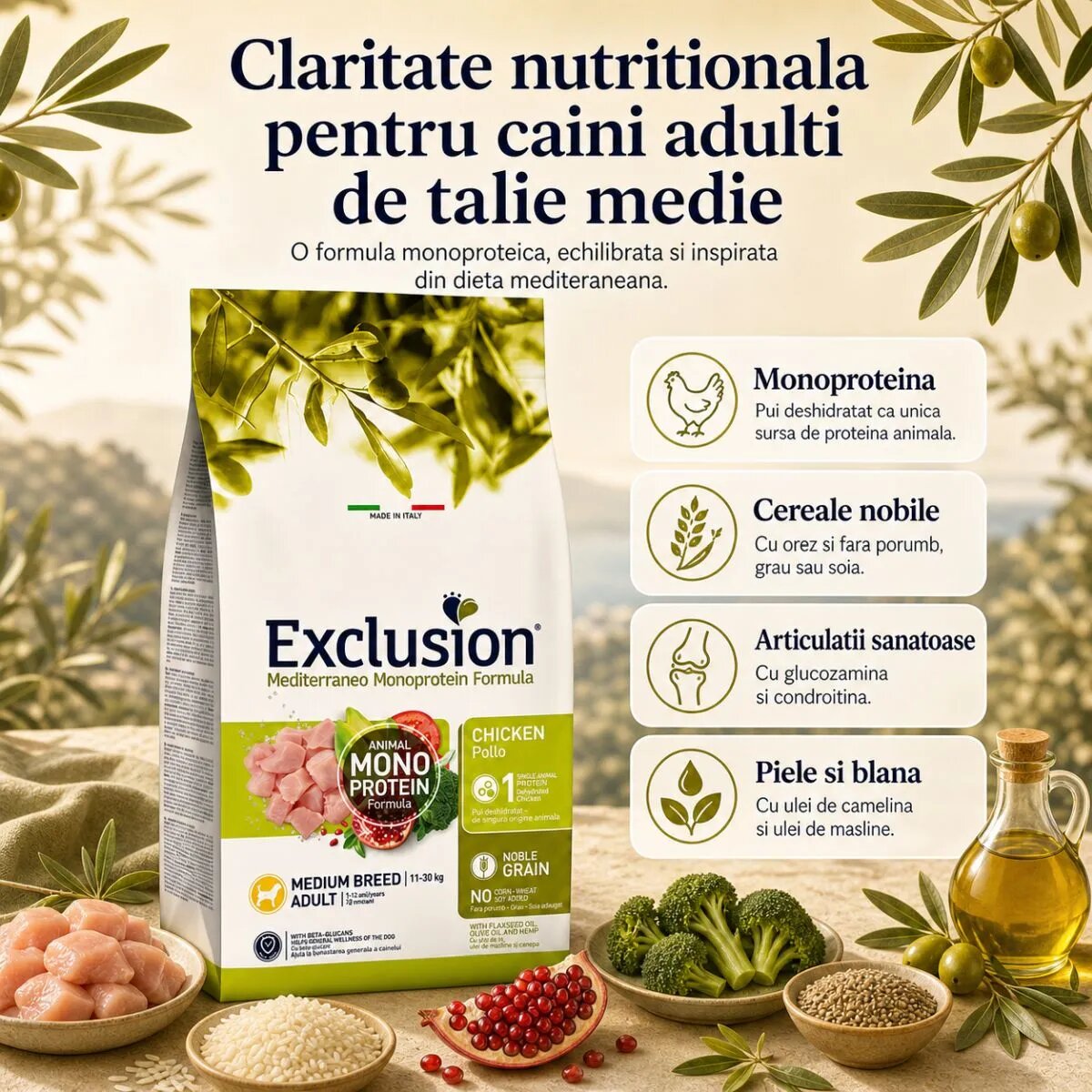 EXCLUSION Mediterraneo Monoprotein Formula Medium Breed M Pui hrană uscată monoproteică câini 12kg