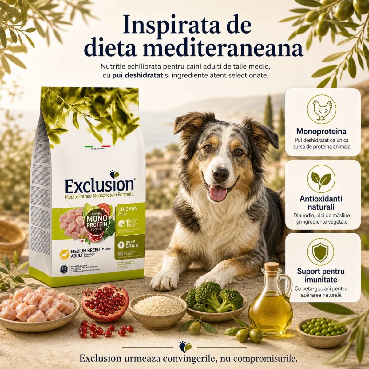 EXCLUSION Mediterraneo Monoprotein Formula Medium Breed M Pui hrană uscată monoproteică câini 12kg