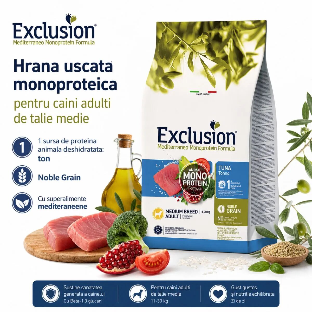 EXCLUSION Mediterraneo Monoprotein Formula Medium Breed M Ton hrană uscată monoproteică câini 12kg