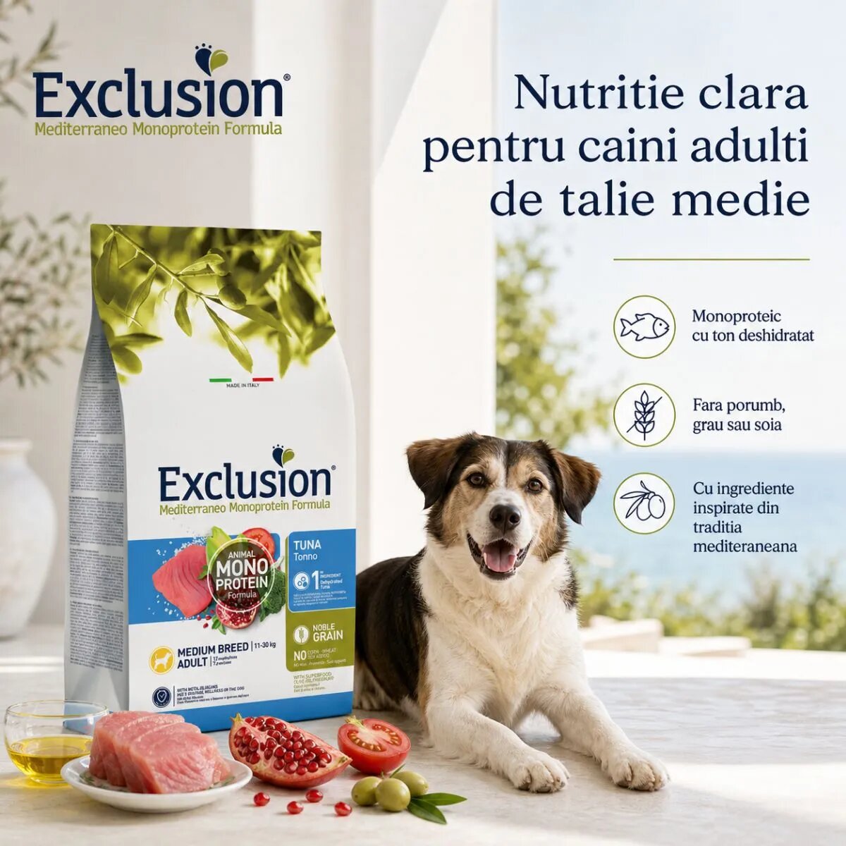 EXCLUSION Mediterraneo Monoprotein Formula Medium Breed M Ton hrană uscată monoproteică câini 12kg
