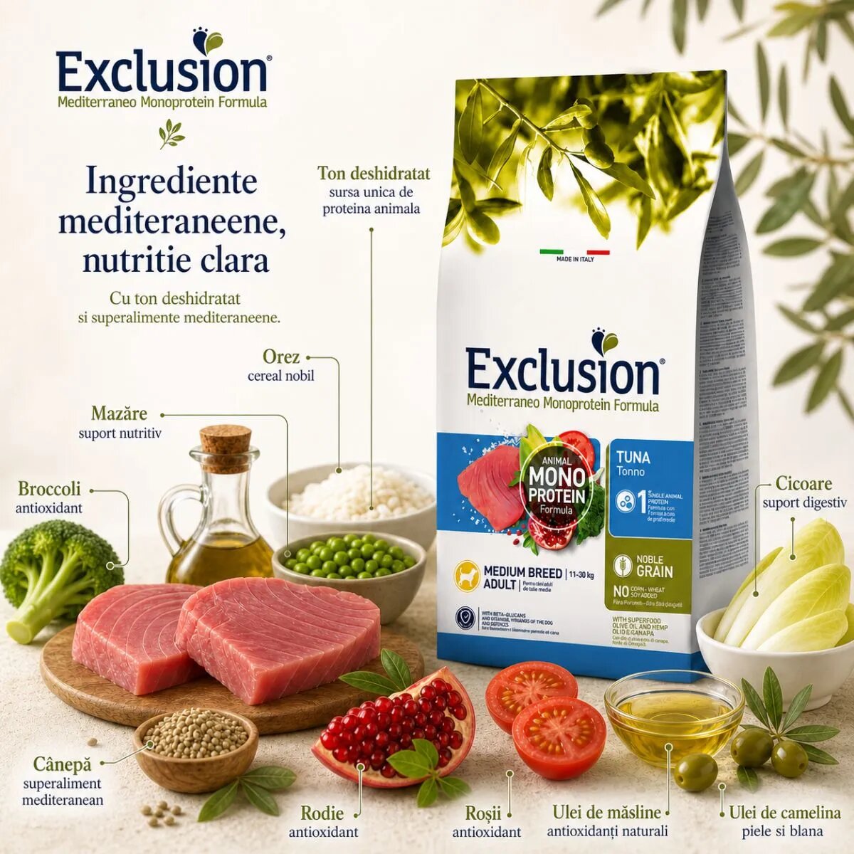 EXCLUSION Mediterraneo Monoprotein Formula Medium Breed M Ton hrană uscată monoproteică câini 12kg