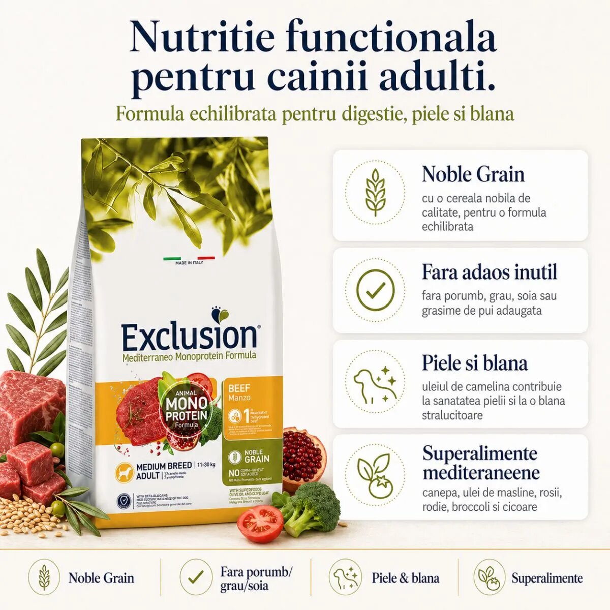 EXCLUSION Mediterraneo Monoprotein Formula Medium Breed M Vită hrană uscată monoproteică câini 12kg