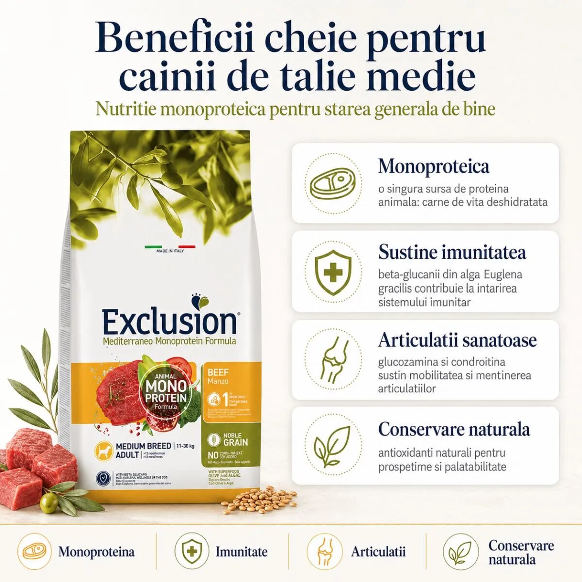 EXCLUSION Mediterraneo Monoprotein Formula Medium Breed M Vită hrană uscată monoproteică câini 12kg