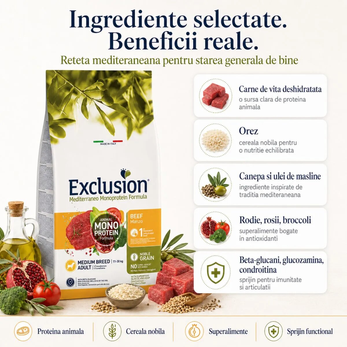 EXCLUSION Mediterraneo Monoprotein Formula Medium Breed M Vită hrană uscată monoproteică câini 12kg