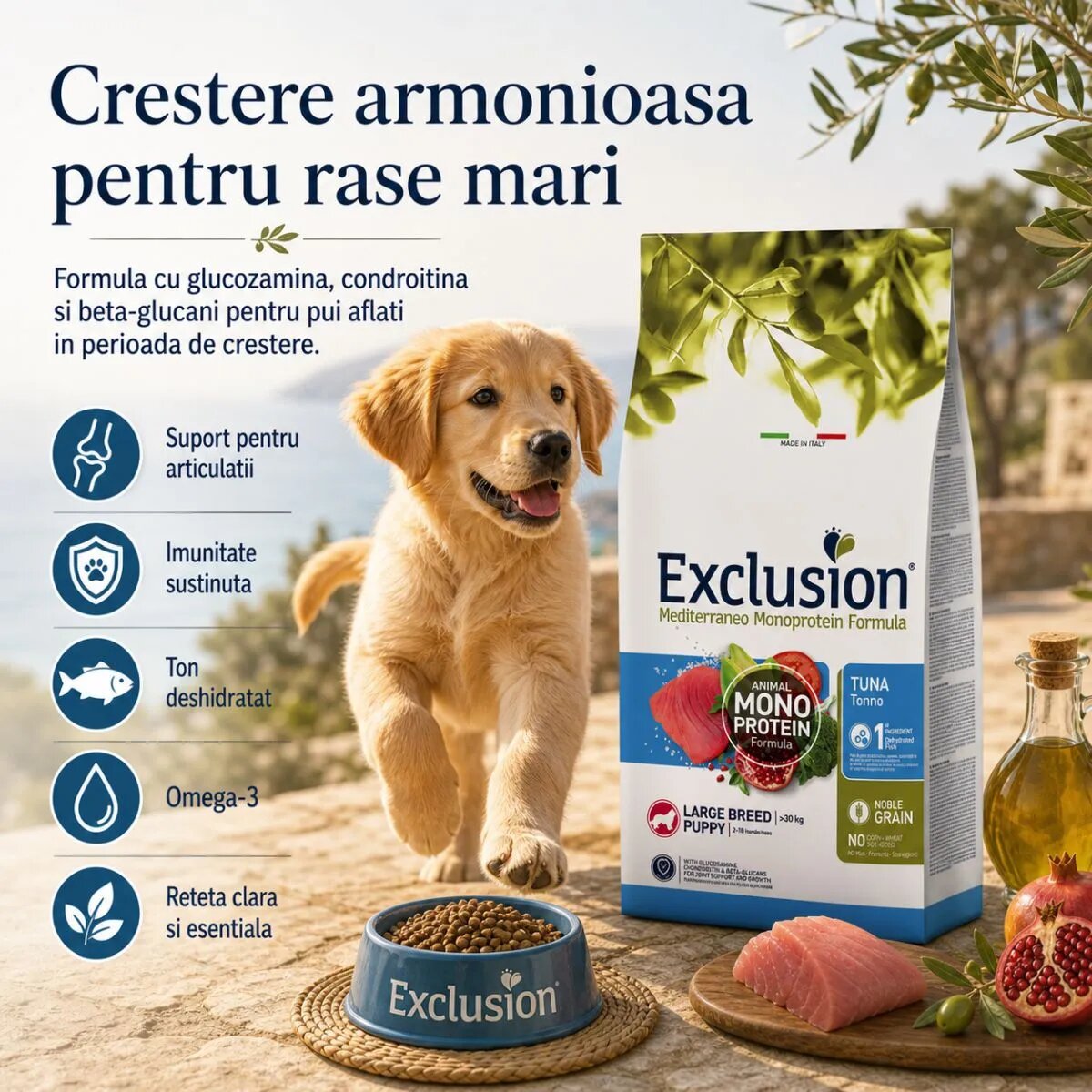 EXCLUSION Mediterraneo Monoprotein Formula Puppy Large Breed L-XL Ton hrană uscată monoproteică câini junior 12kg