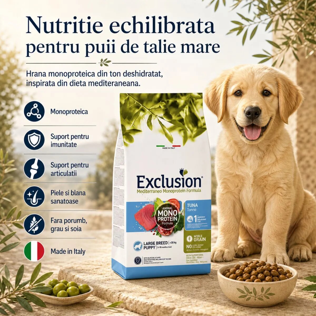 EXCLUSION Mediterraneo Monoprotein Formula Puppy Large Breed L-XL Ton hrană uscată monoproteică câini junior 12kg