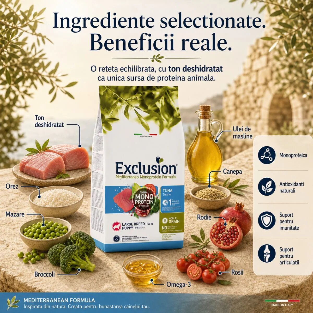 EXCLUSION Mediterraneo Monoprotein Formula Puppy Large Breed L-XL Ton hrană uscată monoproteică câini junior 12kg