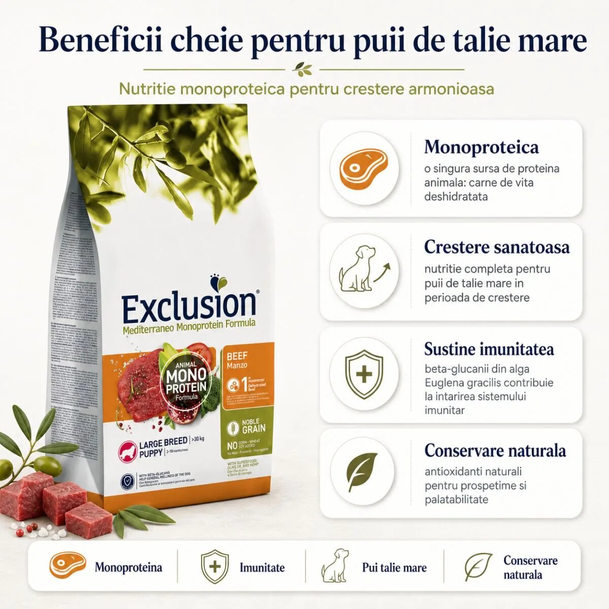 EXCLUSION Mediterraneo Monoprotein Formula Puppy Large Breed L-XL Vită hrană uscată monoproteică câini junior 12kg