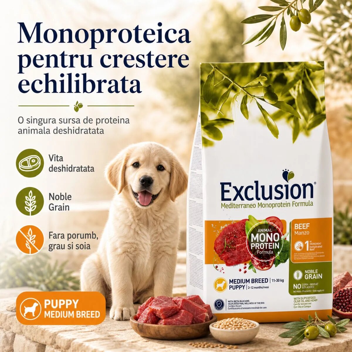 EXCLUSION Mediterraneo Monoprotein Formula Puppy Medium Breed M Vită hrană uscată monoproteică câini junior 12kg