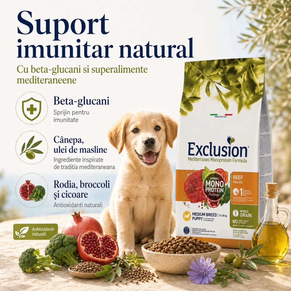 EXCLUSION Mediterraneo Monoprotein Formula Puppy Medium Breed M Vită hrană uscată monoproteică câini junior 12kg