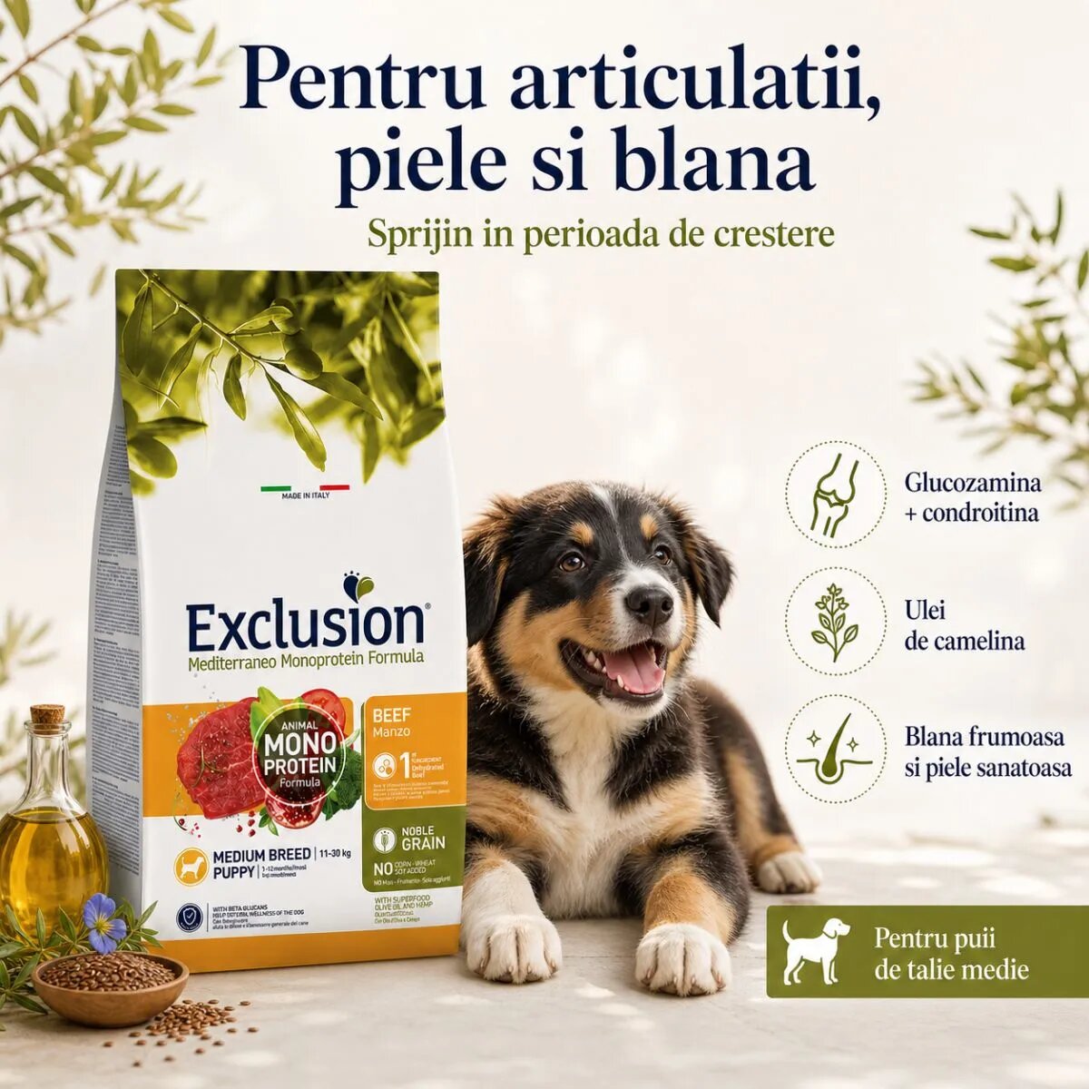 EXCLUSION Mediterraneo Monoprotein Formula Puppy Medium Breed M Vită hrană uscată monoproteică câini junior 12kg