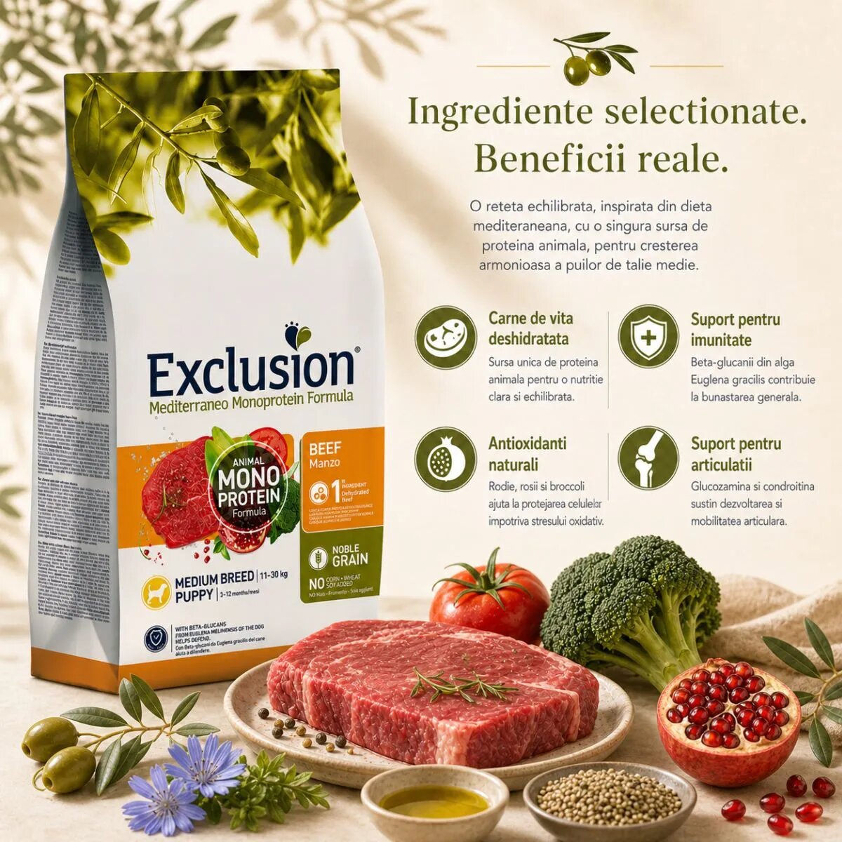 EXCLUSION Mediterraneo Monoprotein Formula Puppy Medium Breed M Vită hrană uscată monoproteică câini junior 12kg