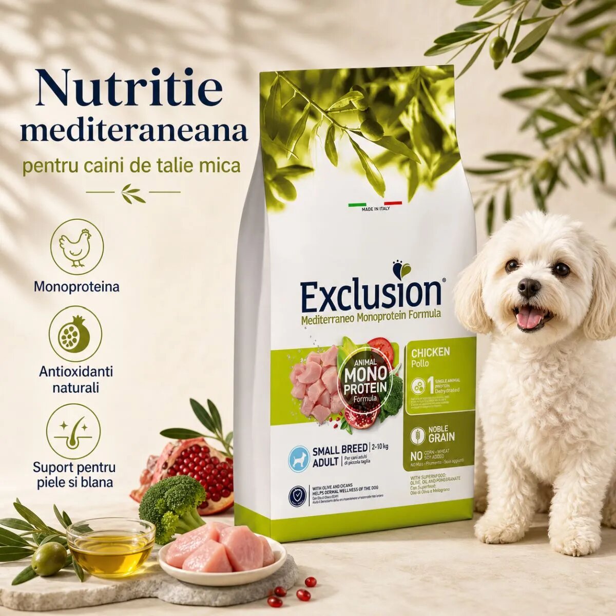 EXCLUSION Mediterraneo Monoprotein Formula Small Breed XS-S Pui hrană uscată monoproteică câini 2kg