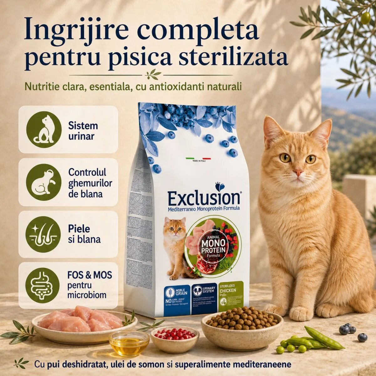 EXCLUSION Mediterraneo Monoprotein Formula Sterilised Pui hrană uscată monoproteică pisici sterilizate 12kg