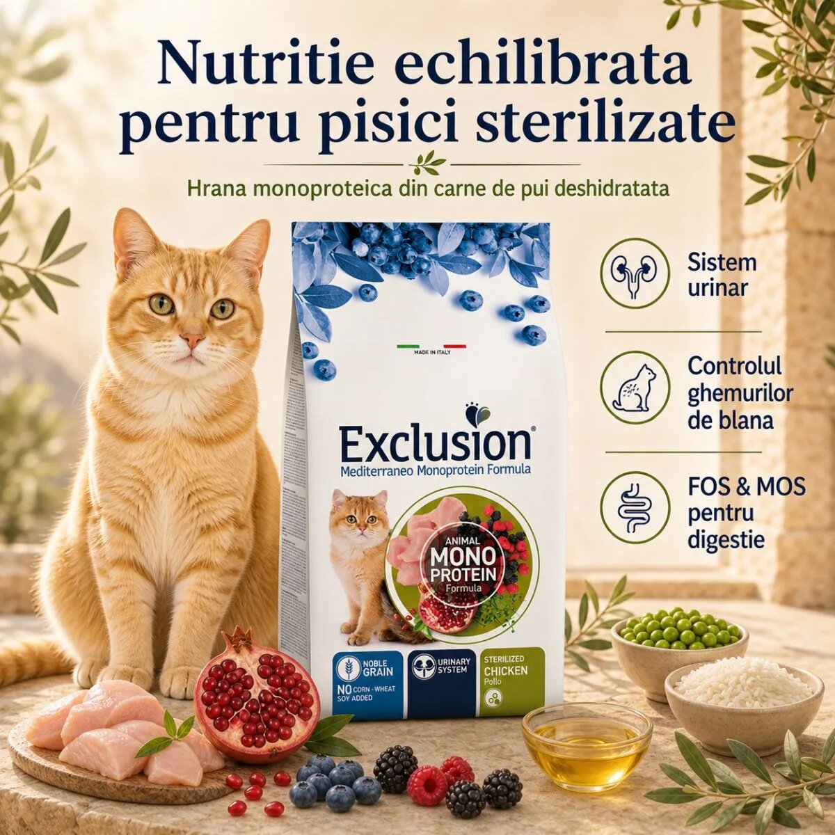 EXCLUSION Mediterraneo Monoprotein Formula Sterilised Pui hrană uscată monoproteică pisici sterilizate 12kg