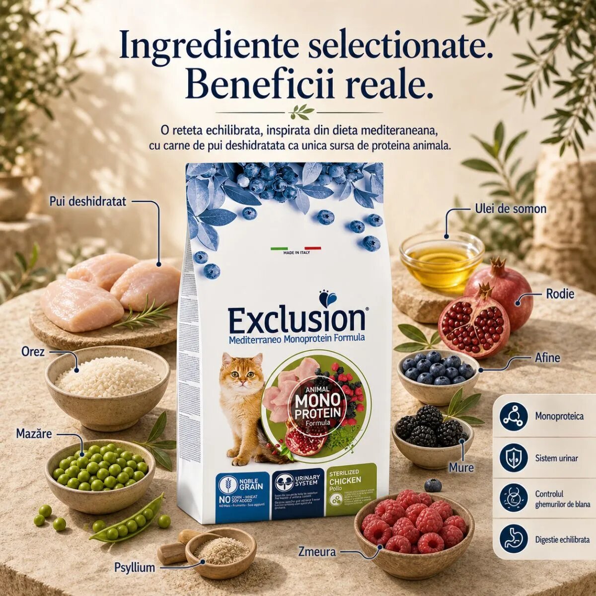 EXCLUSION Mediterraneo Monoprotein Formula Sterilised Pui hrană uscată monoproteică pisici sterilizate 12kg