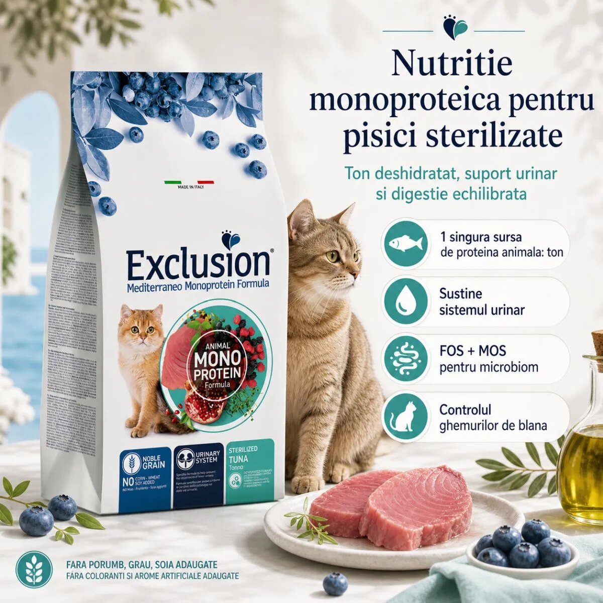 EXCLUSION Mediterraneo Monoprotein Formula Sterilised Ton hrană uscată monoproteică pisici sterilizate 12kg