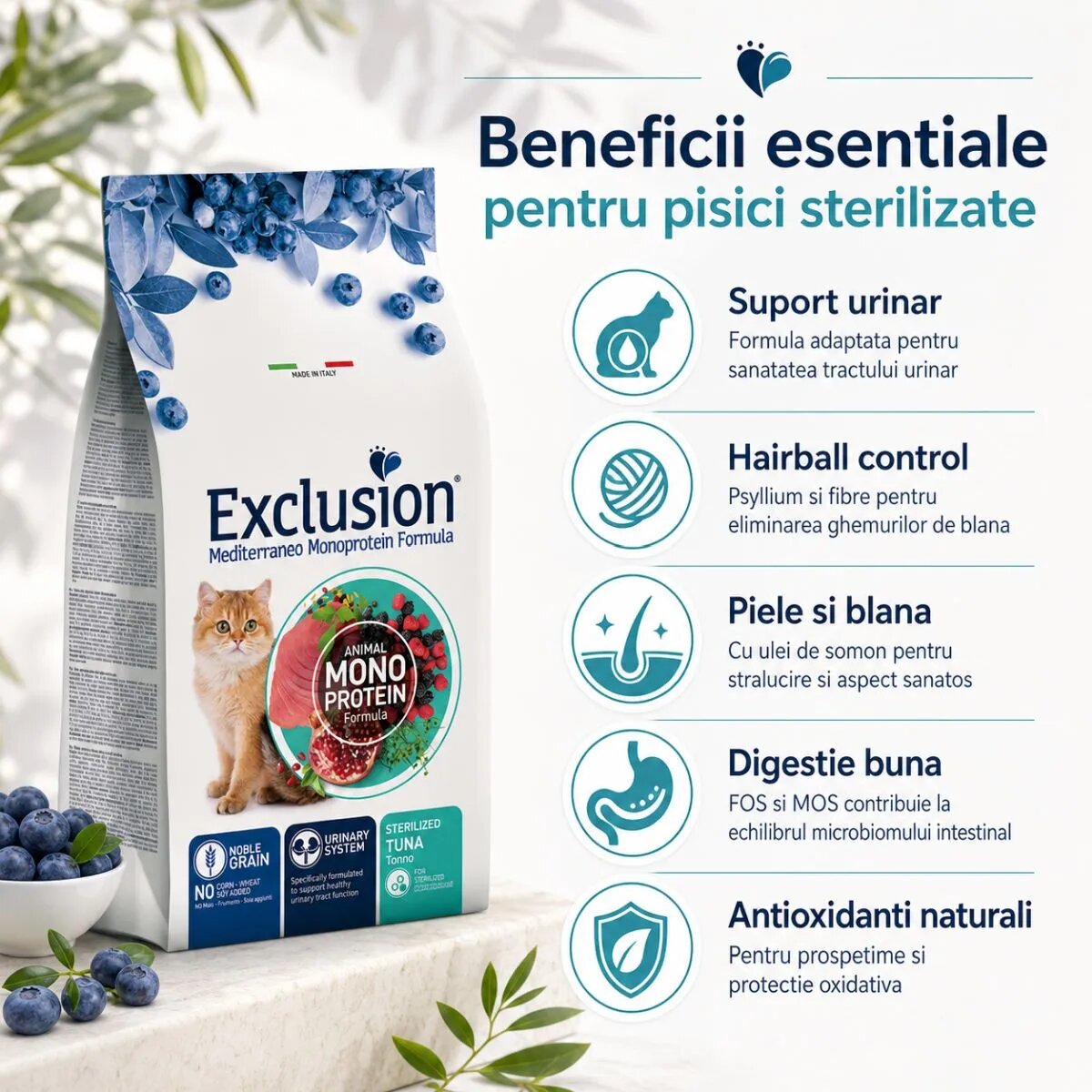 EXCLUSION Mediterraneo Monoprotein Formula Sterilised Ton hrană uscată monoproteică pisici sterilizate 12kg
