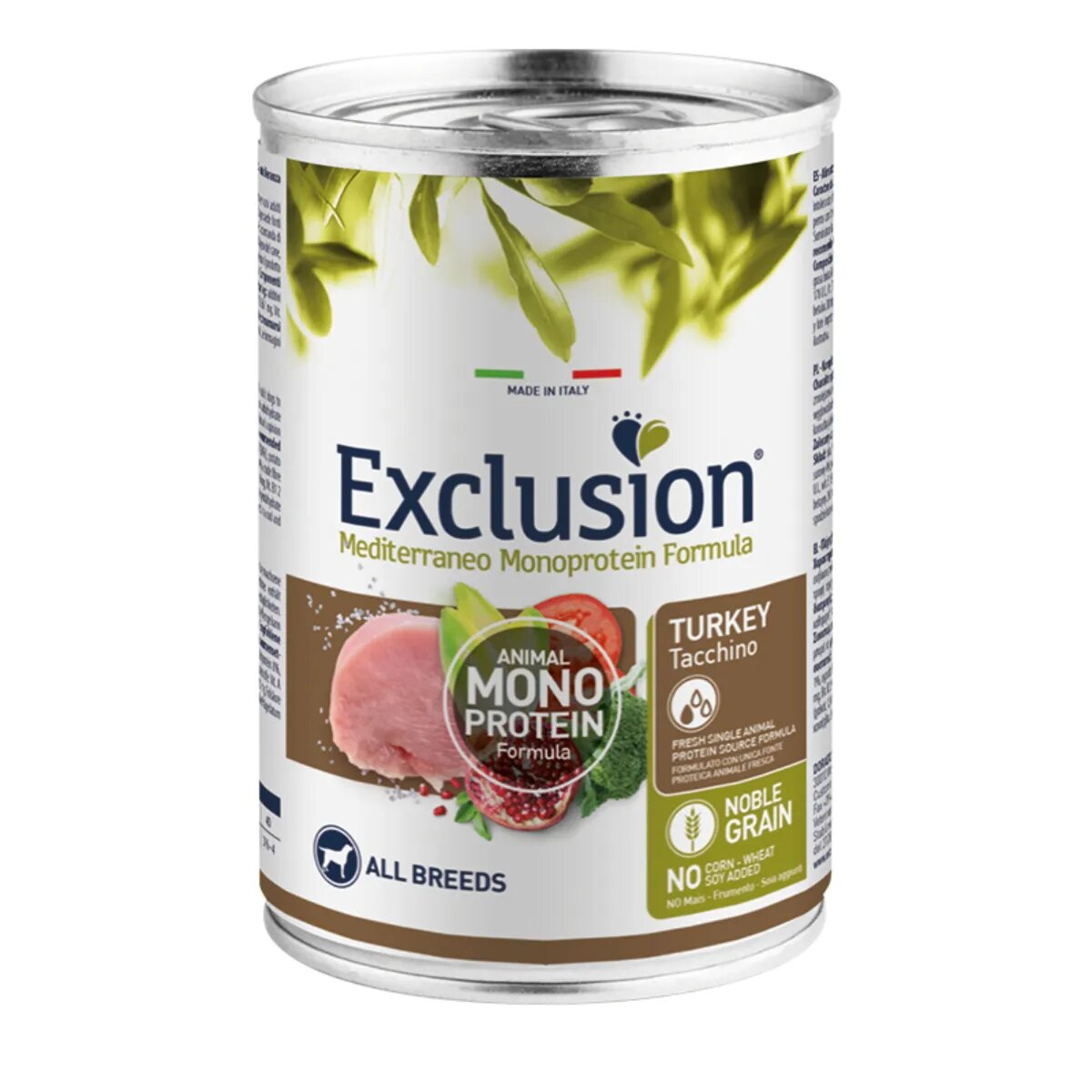EXCLUSION Mediterraneo Monoprotein Formula XS-XL Curcan conservă hrană umedă monoproteică câini (pate) 400g