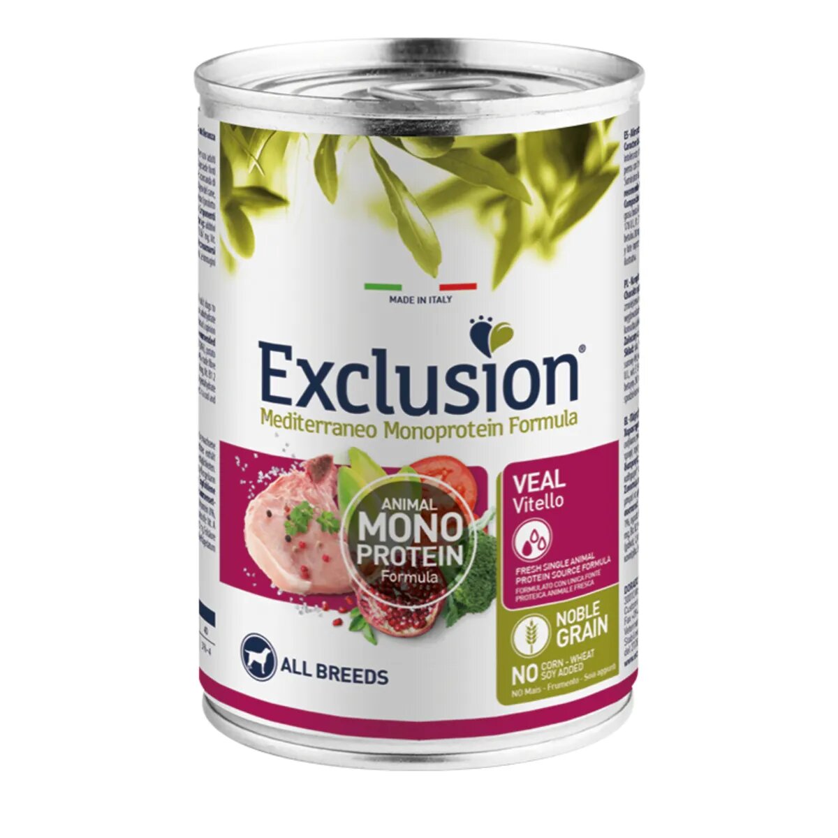 EXCLUSION Mediterraneo Monoprotein Formula XS-XL Vițel conservă hrană umedă monoproteică câini (pate) 400g