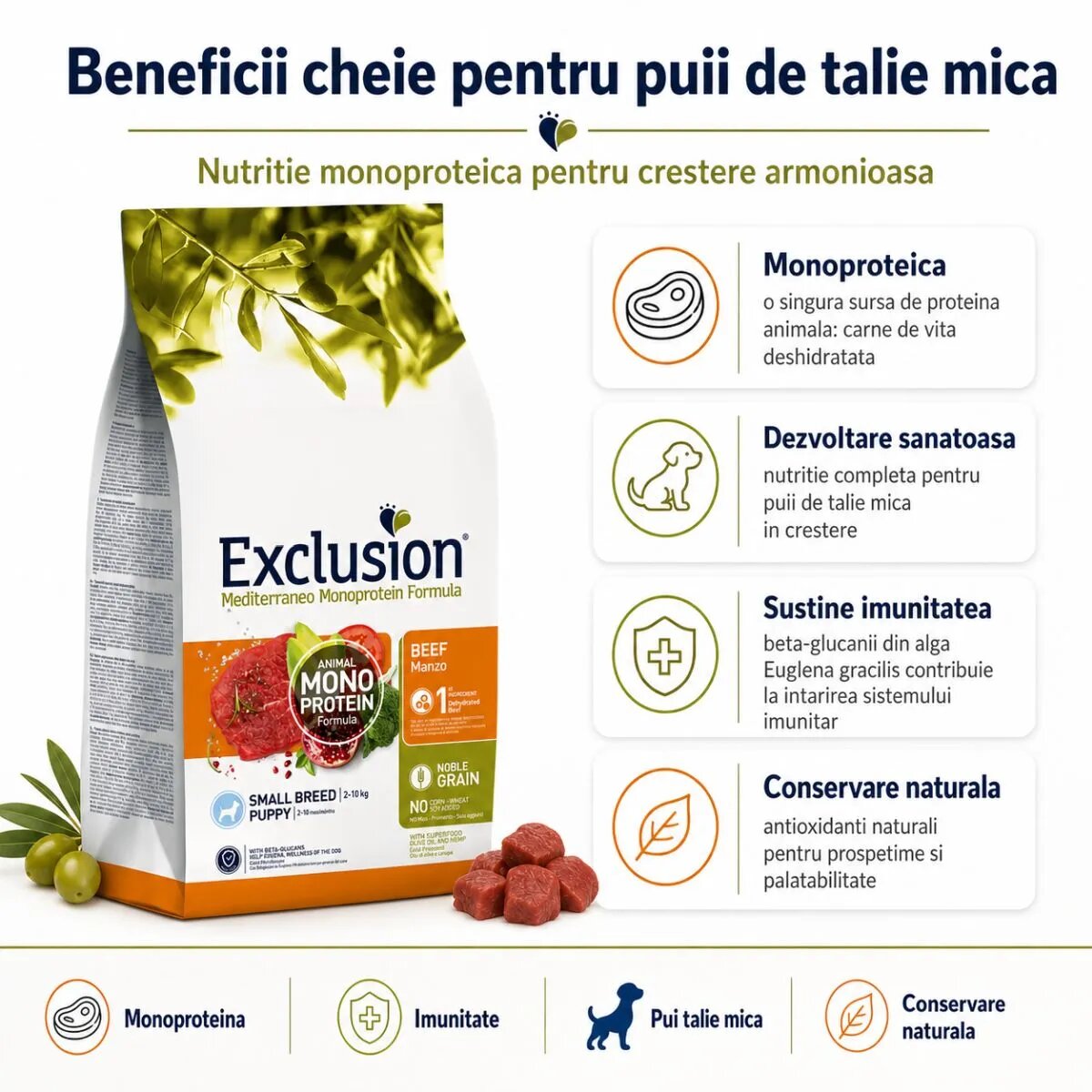 EXCLUSION Mediterraneo Monoprotein Puppy Small Breed XS-S Vită hrană uscată monoproteică câini junior 2kg