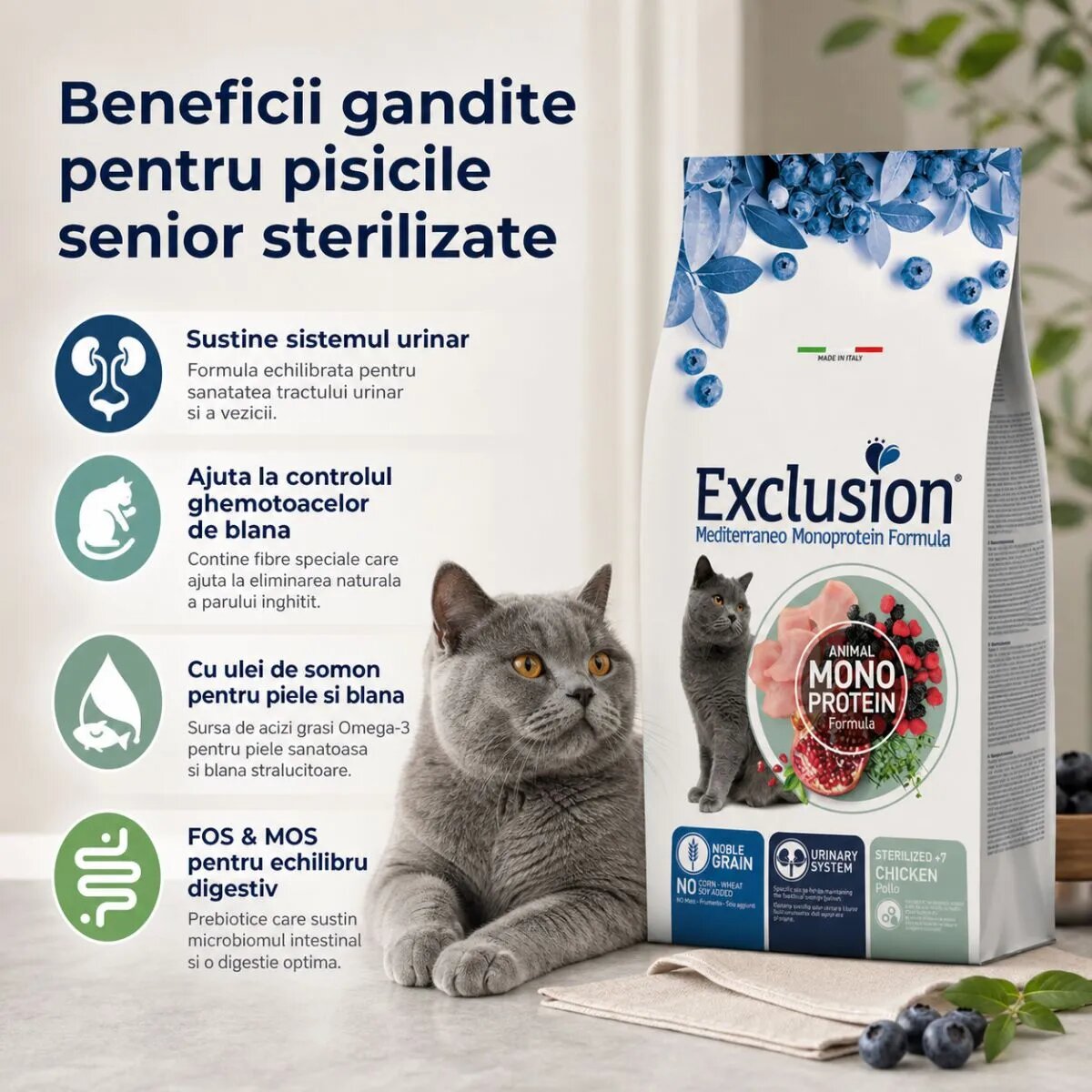 EXCLUSION Mediterraneo Monoprotein Sterilised +7 Pui hrană uscată monoproteică pisici sterilizate senior 1.5kg