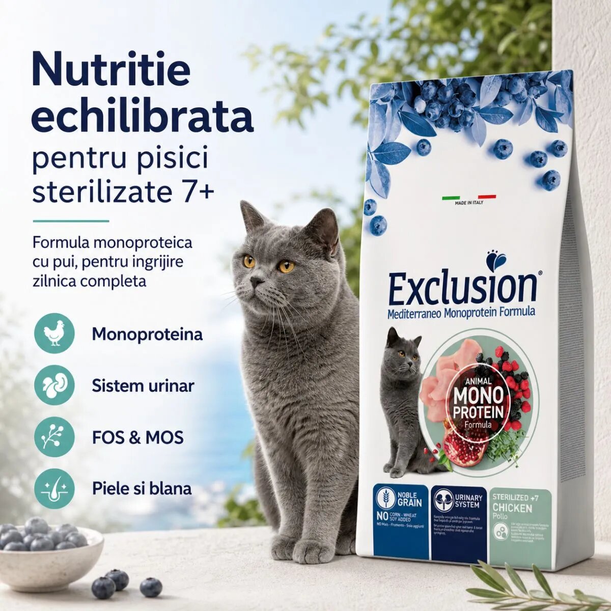 EXCLUSION Mediterraneo Monoprotein Sterilised +7 Pui hrană uscată monoproteică pisici sterilizate senior 1.5kg