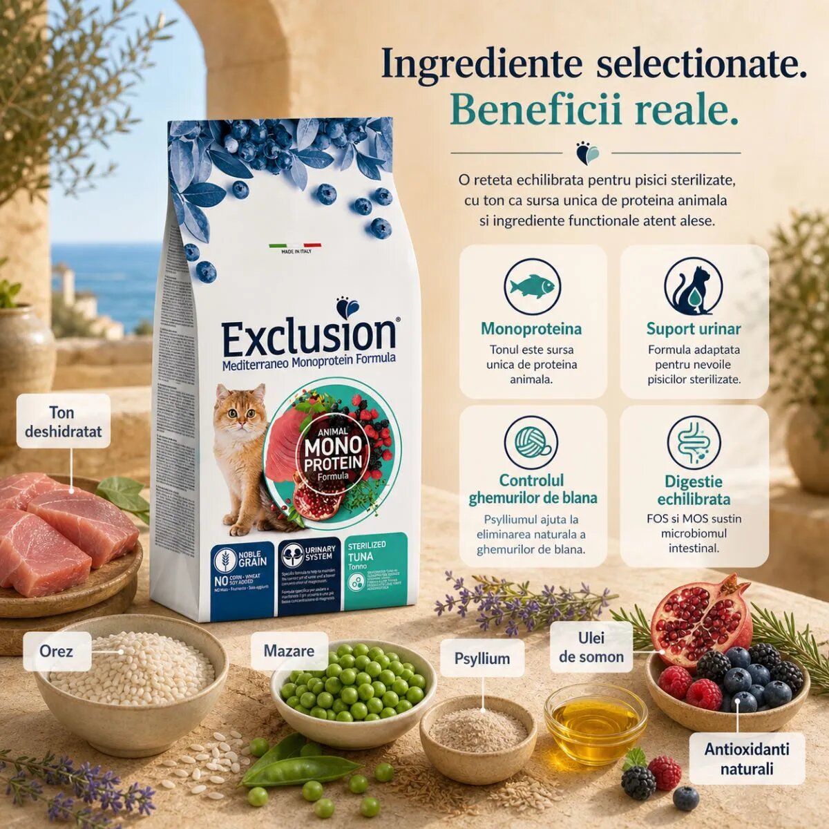 EXCLUSION Mediterraneo Monoprotein Sterilised +7 Pui hrană uscată monoproteică pisici sterilizate senior 1.5kg
