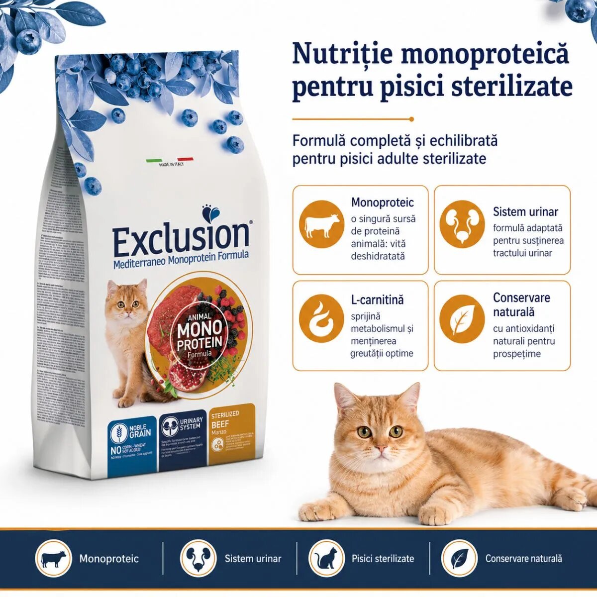 EXCLUSION Mediterraneo Monoprotein Sterilised Vită hrană uscată monoproteică pisici sterilizate 1.5kg