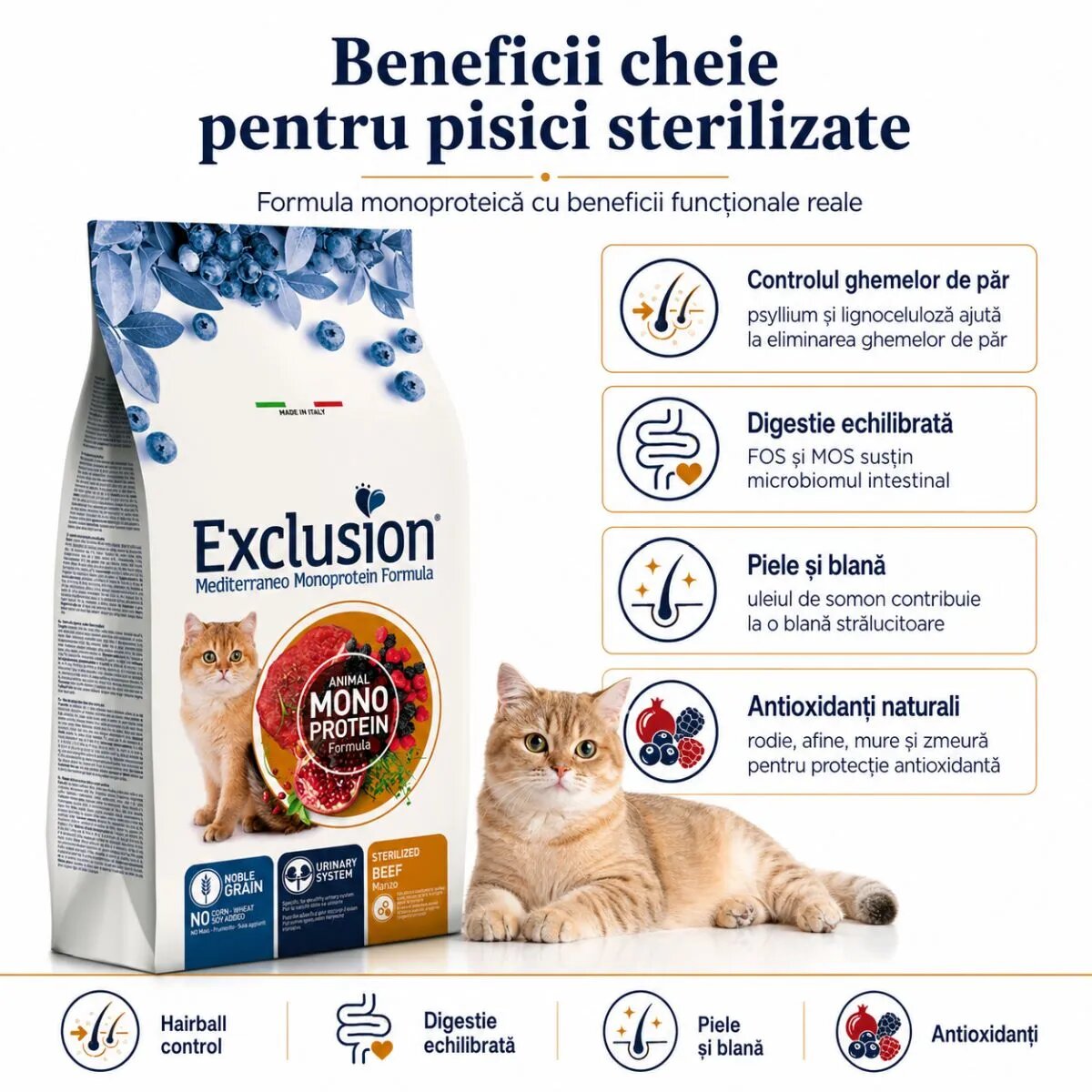 EXCLUSION Mediterraneo Monoprotein Sterilised Vită hrană uscată monoproteică pisici sterilizate 12kg