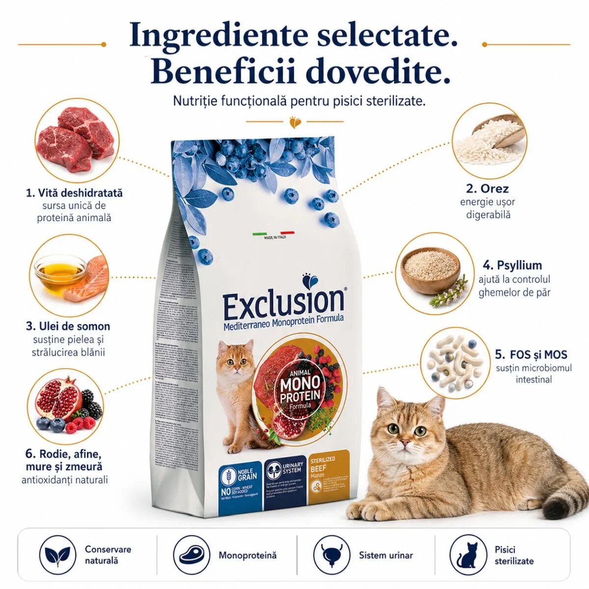 EXCLUSION Mediterraneo Monoprotein Sterilised Vită hrană uscată monoproteică pisici sterilizate 12kg