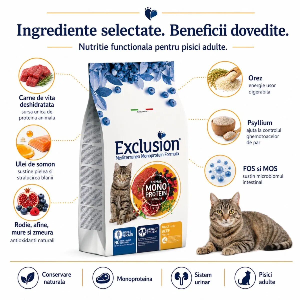 EXCLUSION Mediterraneo Monoprotein Vită hrană uscată monoproteică pisici 1.5kg