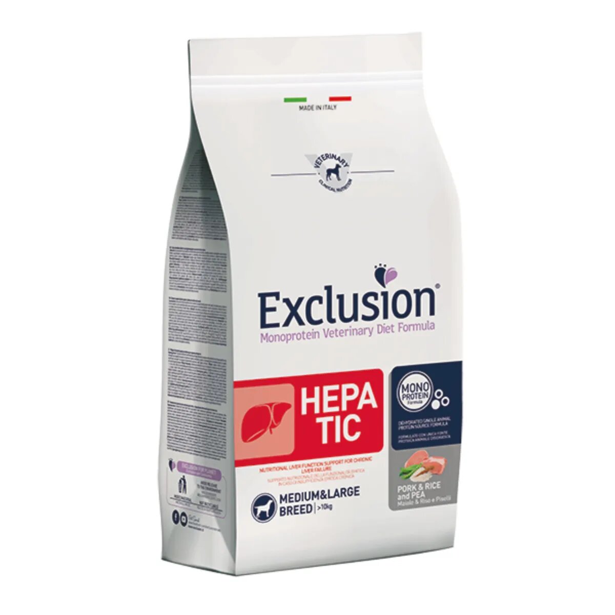 EXCLUSION Monoprotein VD Hepatic Medium&Large M-XL Porc și Orez dietă veterinară hrană uscată câini sistem hepatic 12kg