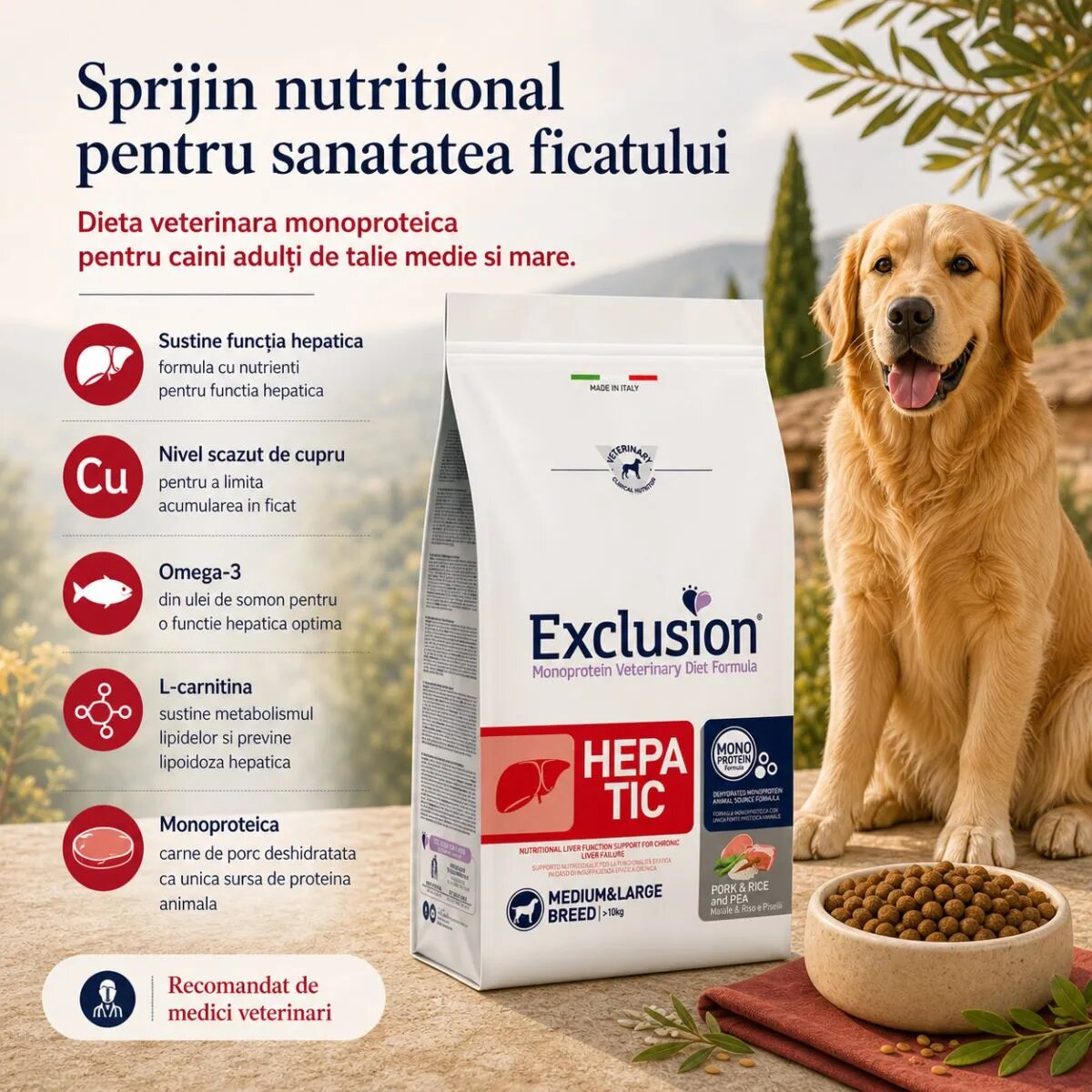 EXCLUSION Monoprotein VD Hepatic Medium&Large M-XL Porc și Orez dietă veterinară hrană uscată câini sistem hepatic 12kg