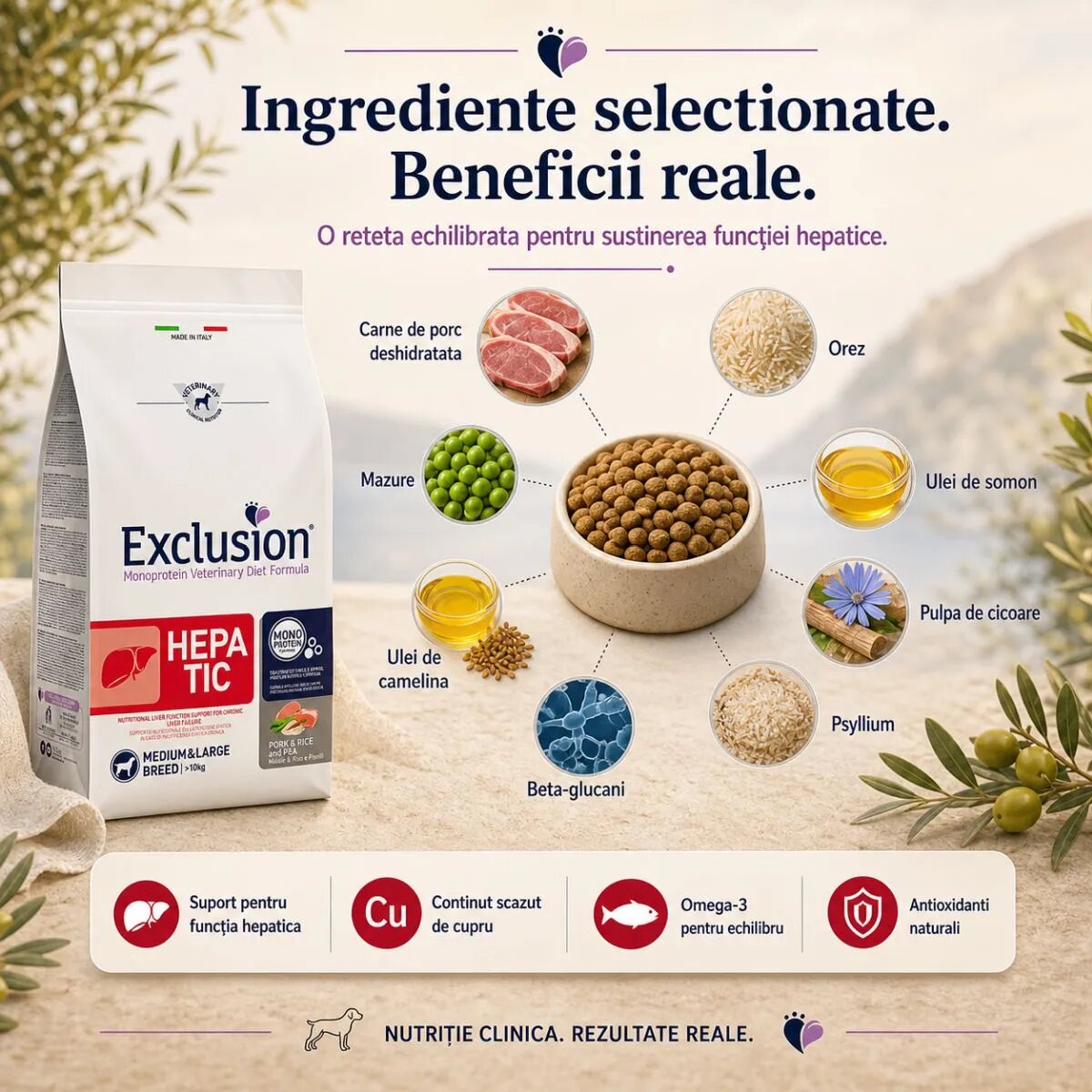 EXCLUSION Monoprotein VD Hepatic Medium&Large M-XL Porc și Orez dietă veterinară hrană uscată câini sistem hepatic 12kg