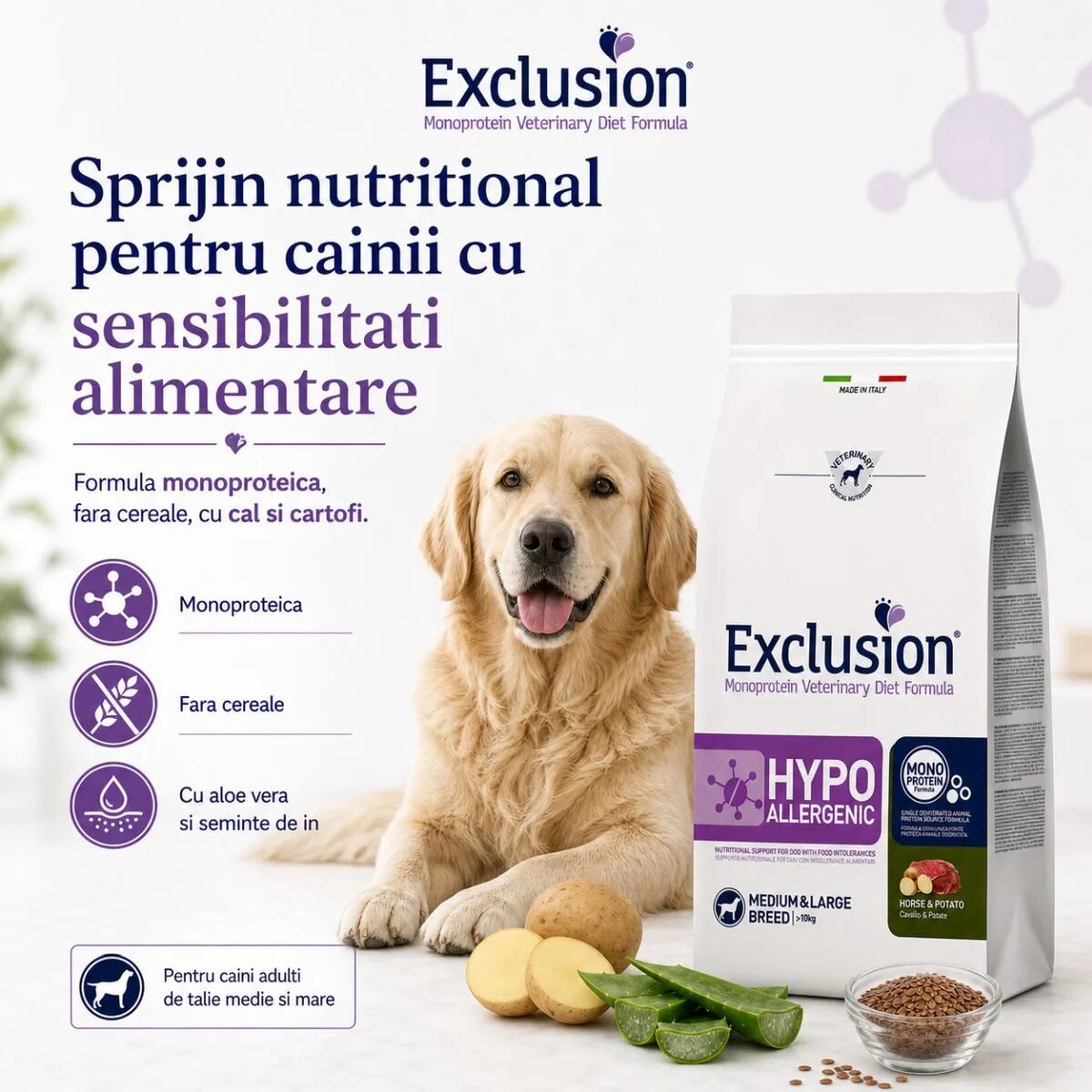 EXCLUSION Monoprotein VD Hypoallergenic Medium&Large M-XL Cal și Cartofi dietă veterinară hrană uscată fără cereale câini alergii 12kg