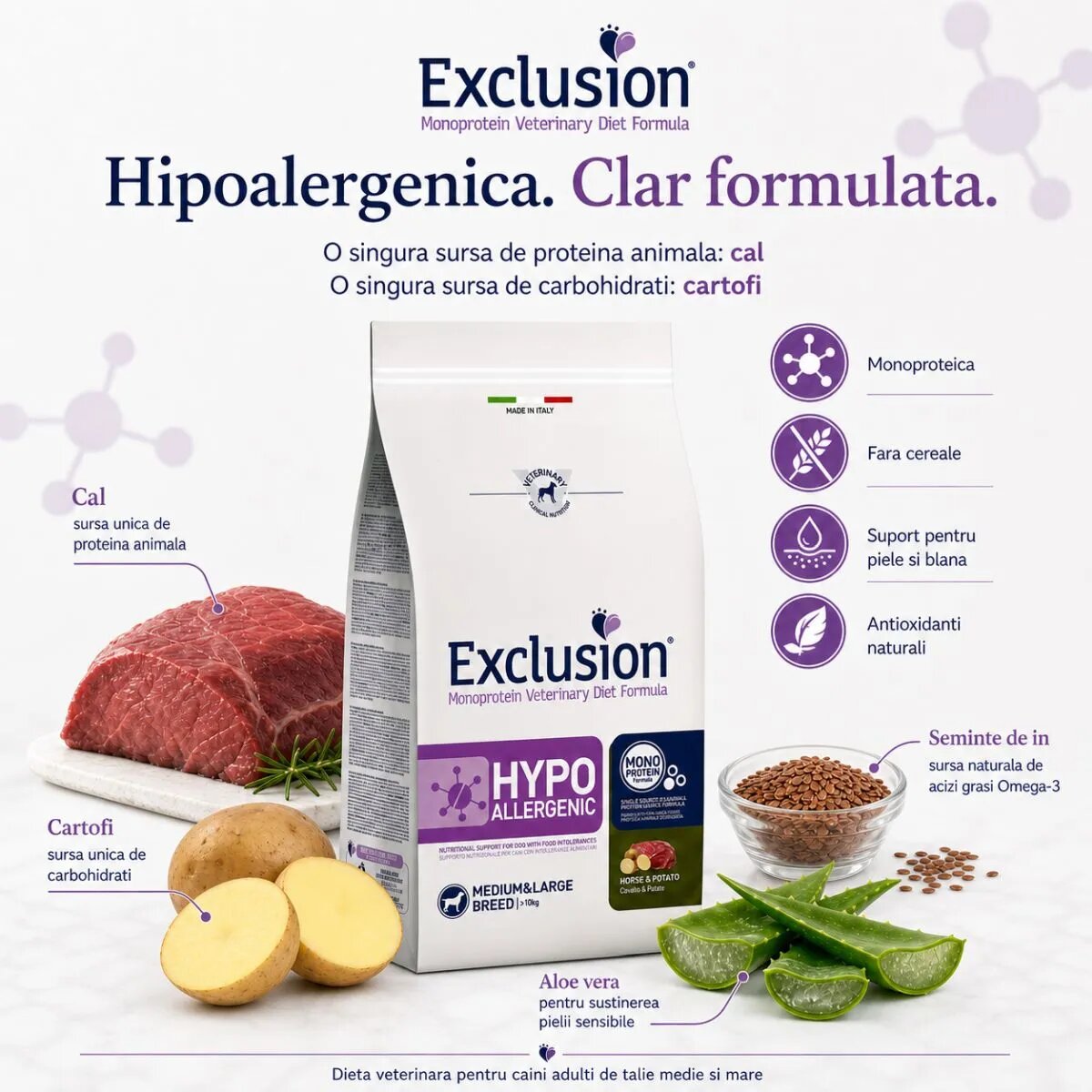 EXCLUSION Monoprotein VD Hypoallergenic Medium&Large M-XL Cal și Cartofi dietă veterinară hrană uscată fără cereale câini alergii 12kg
