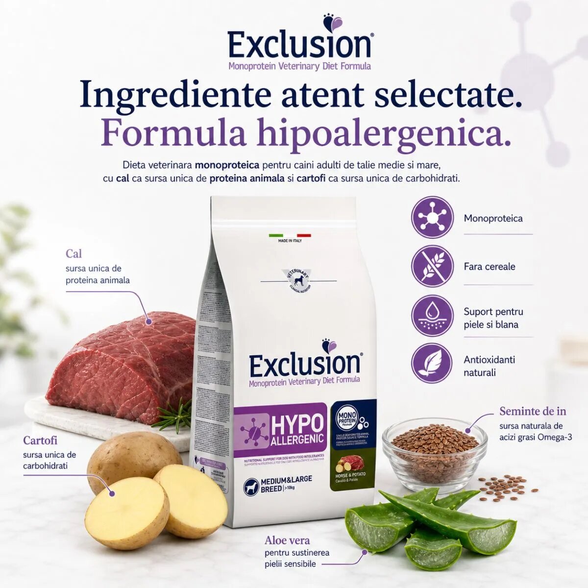 EXCLUSION Monoprotein VD Hypoallergenic Medium&Large M-XL Cal și Cartofi dietă veterinară hrană uscată fără cereale câini alergii 12kg