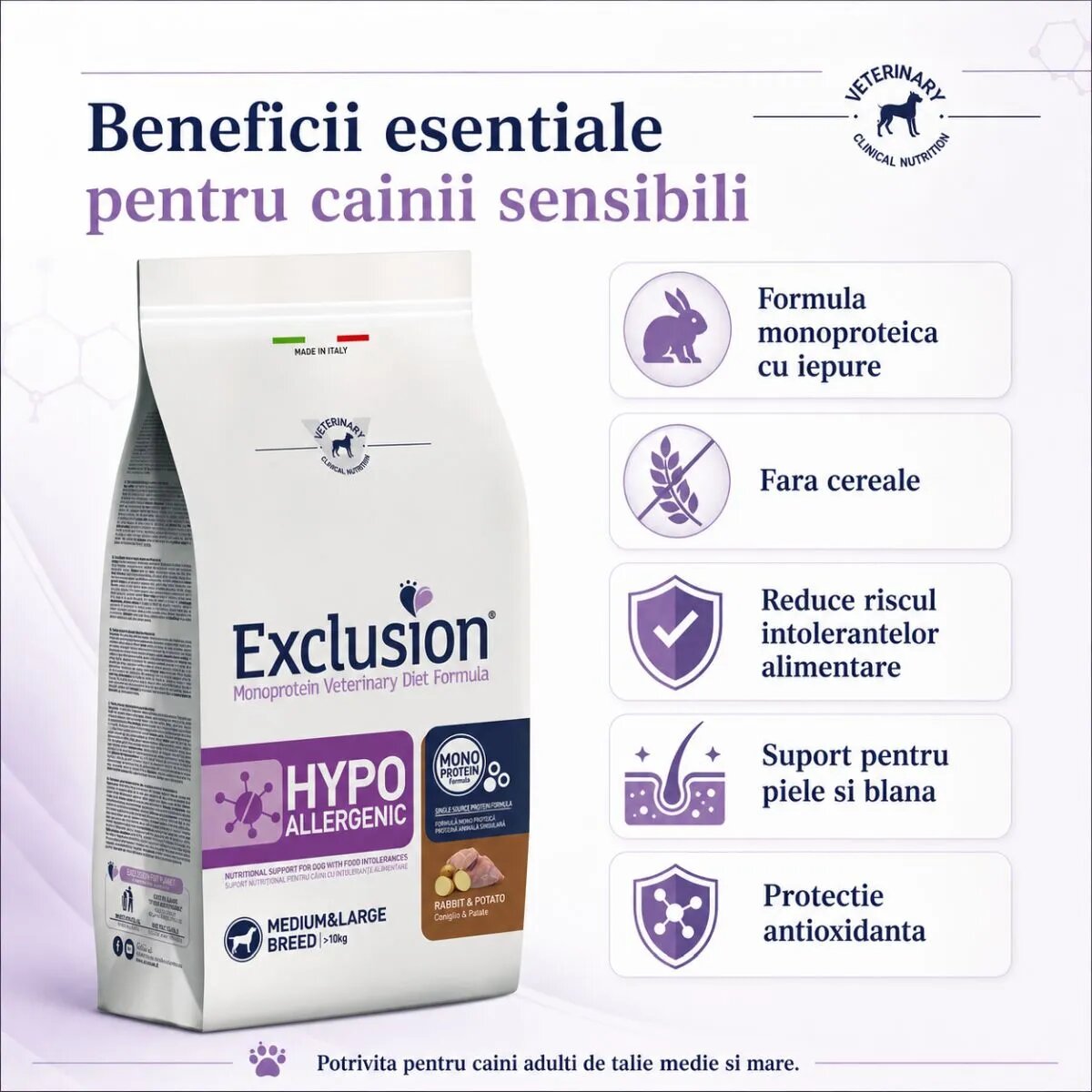 EXCLUSION Monoprotein VD Hypoallergenic Medium&Large M-XL Iepure și Cartofi dietă veterinară hrană uscată fără cereale câini alergii 12kg