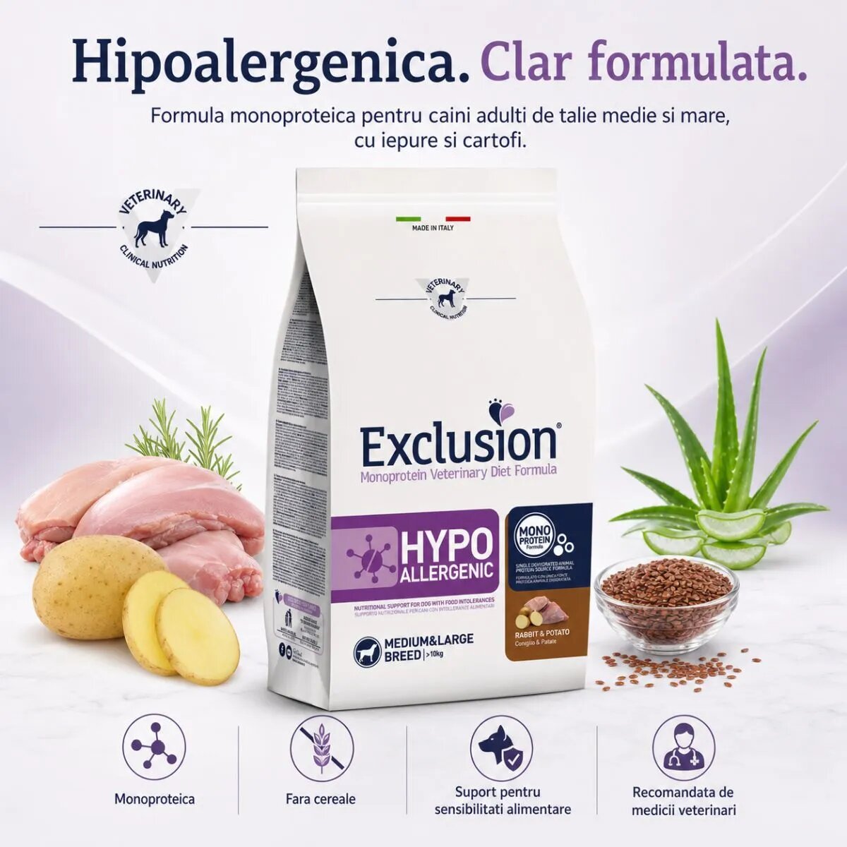 EXCLUSION Monoprotein VD Hypoallergenic Medium&Large M-XL Iepure și Cartofi dietă veterinară hrană uscată fără cereale câini alergii 12kg