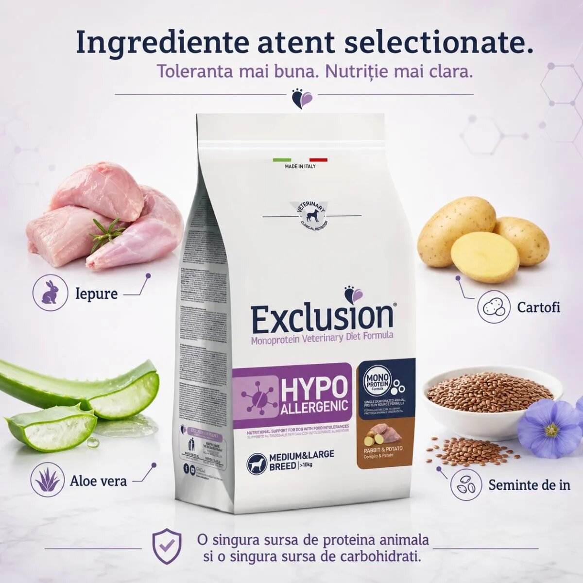 EXCLUSION Monoprotein VD Hypoallergenic Medium&Large M-XL Iepure și Cartofi dietă veterinară hrană uscată fără cereale câini alergii 12kg
