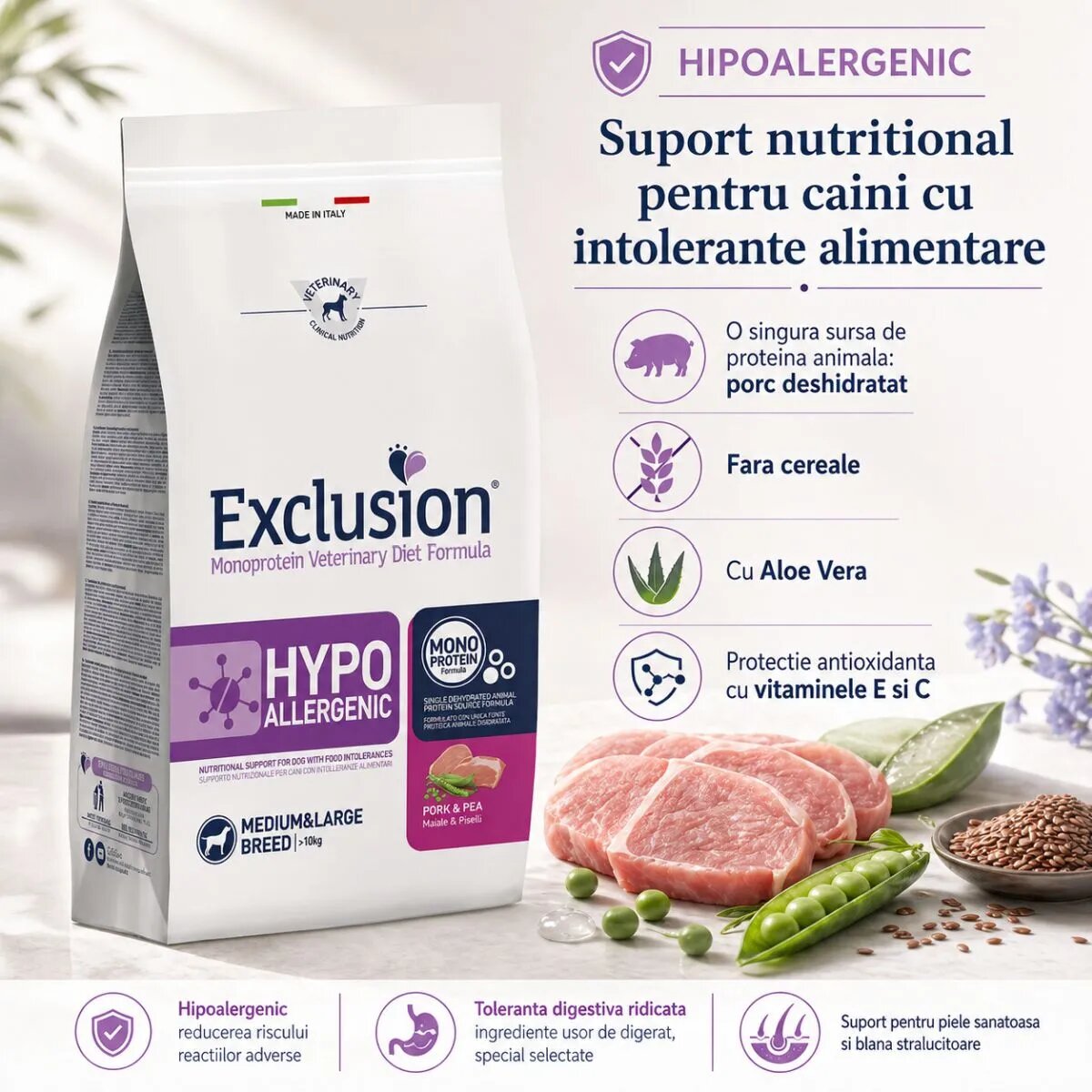 EXCLUSION Monoprotein VD Hypoallergenic Medium&Large M-XL Porc și Mazăre dietă veterinară hrană uscată fără cereale câini alergii 12kg