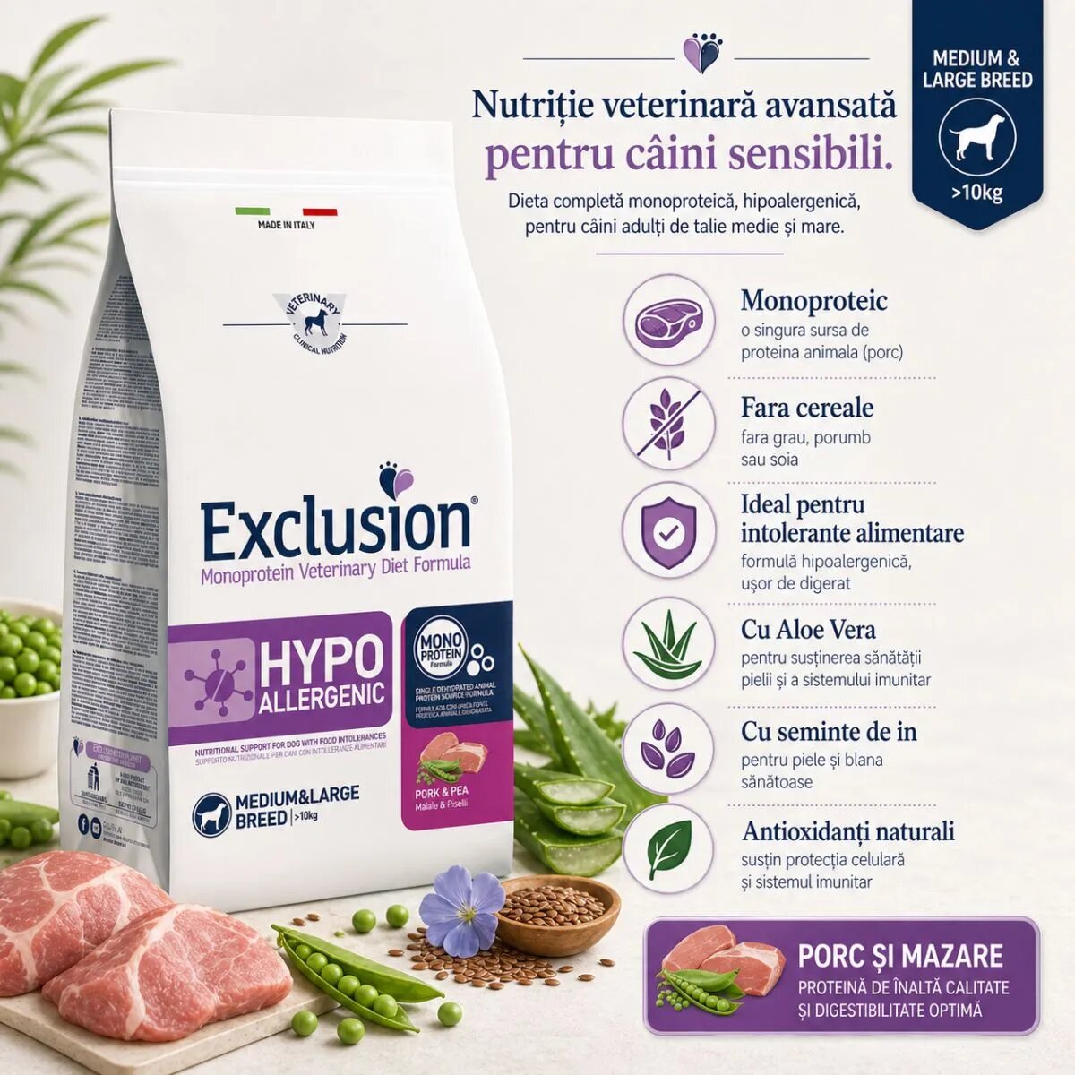 EXCLUSION Monoprotein VD Hypoallergenic Medium&Large M-XL Porc și Mazăre dietă veterinară hrană uscată fără cereale câini alergii 12kg