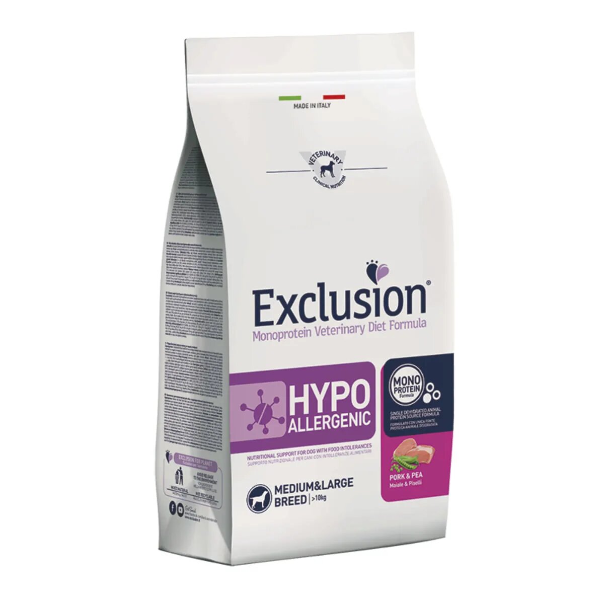 EXCLUSION Monoprotein VD Hypoallergenic Medium&Large M-XL Porc și Mazăre dietă veterinară hrană uscată fără cereale câini alergii 2kg