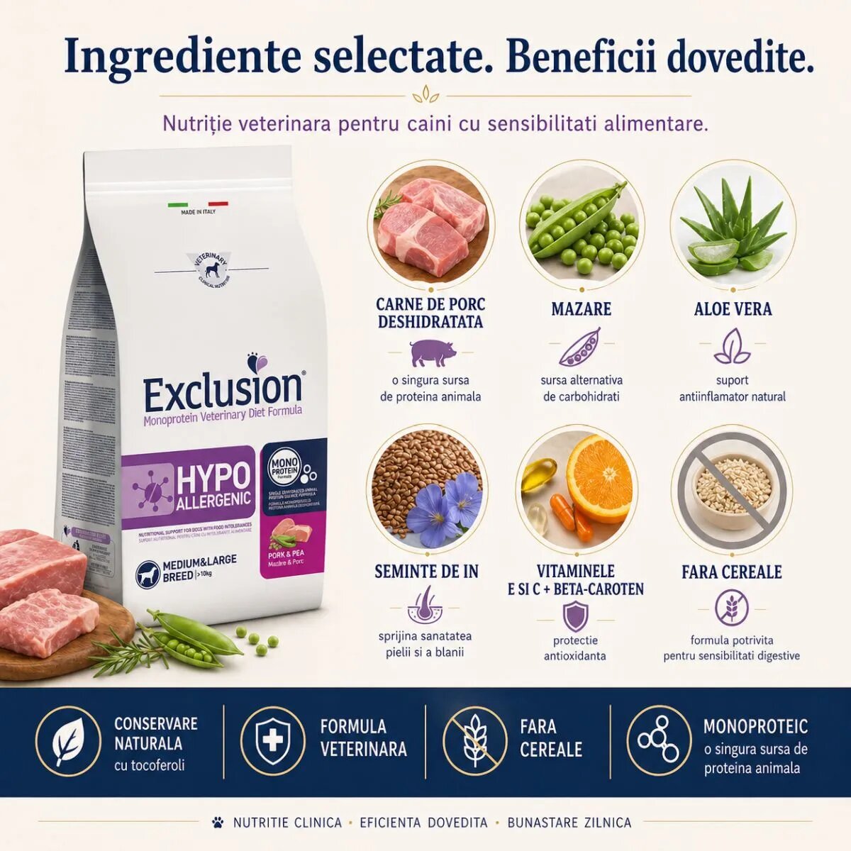 EXCLUSION Monoprotein VD Hypoallergenic Medium&Large M-XL Porc și Mazăre dietă veterinară hrană uscată fără cereale câini alergii 2kg
