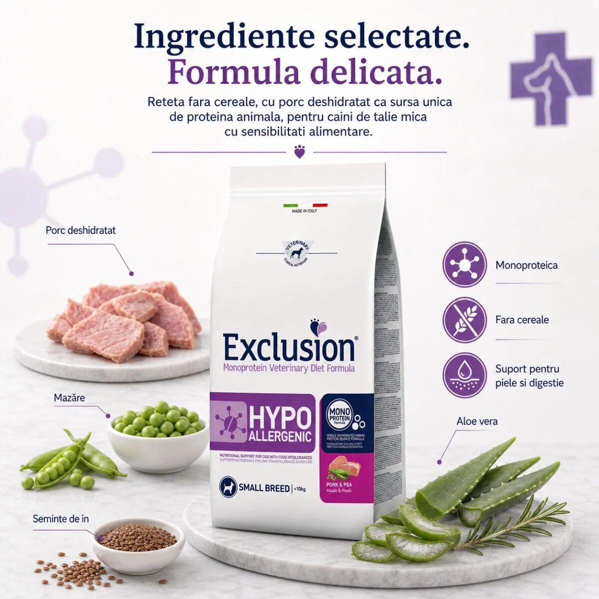 EXCLUSION Monoprotein VD Hypoallergenic Small XS-S Porc și Mazăre dietă veterinară hrană uscată fără cereale câini alergii 2kg