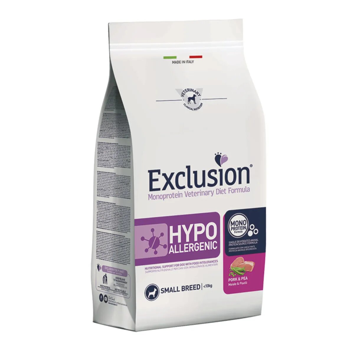 EXCLUSION Monoprotein VD Hypoallergenic Small XS-S Porc și Mazăre dietă veterinară hrană uscată fără cereale câini alergii 7kg