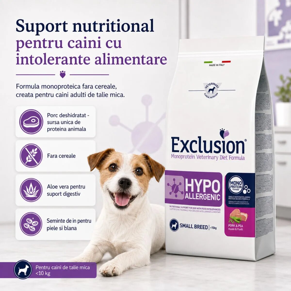 EXCLUSION Monoprotein VD Hypoallergenic Small XS-S Porc și Mazăre dietă veterinară hrană uscată fără cereale câini alergii 7kg